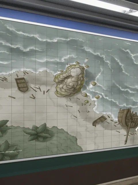 Encounter map showing a wrecked vessel on a coastal beach