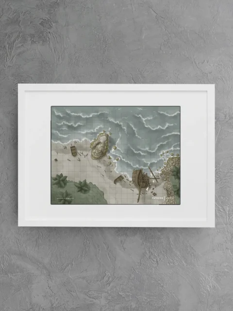 RPG battle map of a shipwreck along a dangerous shoreline