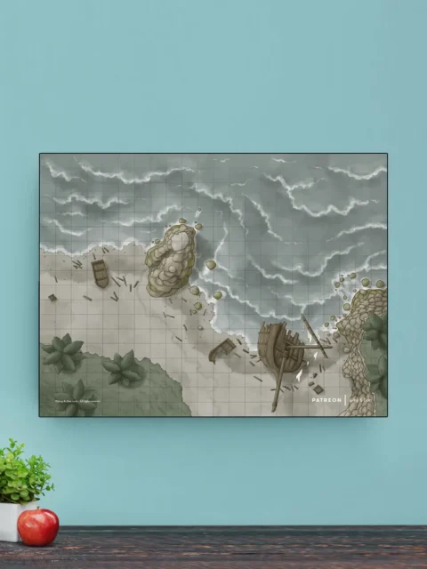 Fantasy shipwreck map on a rocky shoreline with scattered debris