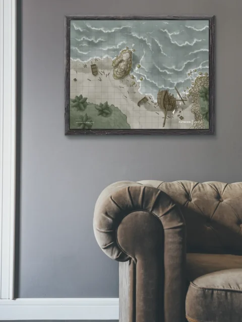 Fantasy shoreline map with broken hull remains and rocky terrain