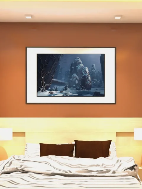 Icy ravine scene in Shivershriek Canyon frozen spires artwork