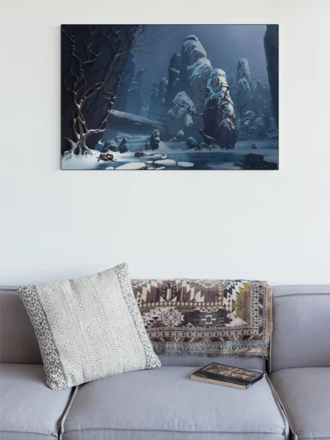 Frozen canyon with snow-covered rock formations