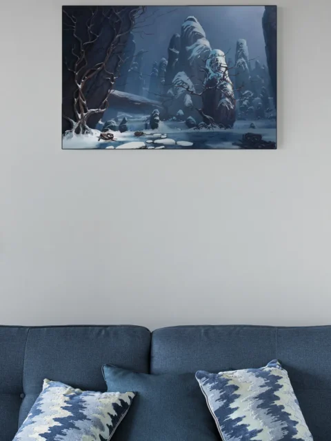 Cold fantasy landscape with towering vertical stone