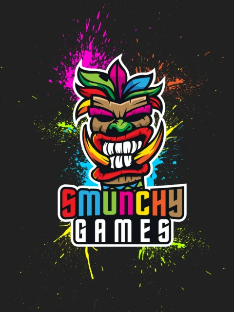 Smunchy Games neon tiki emblem artwork with splattered paint