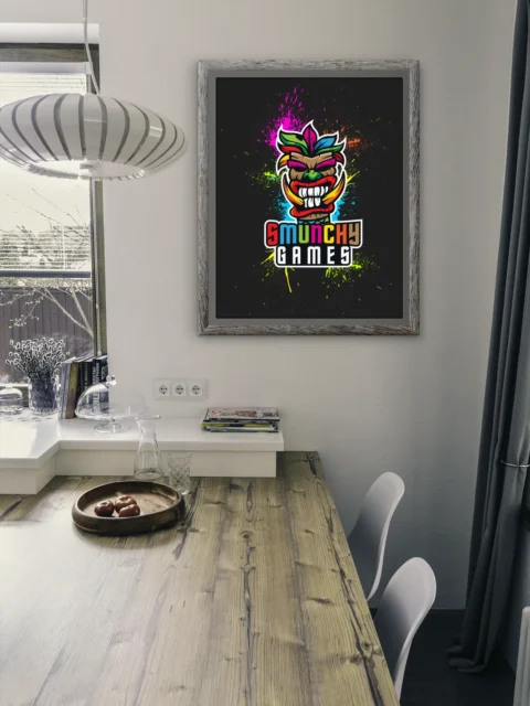 Stylized tiki character with aggressive grin