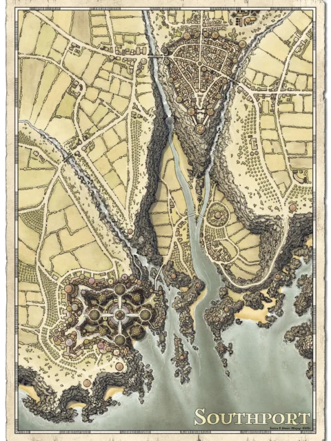 Southport coastal city map showing fortified harbor and cliffs