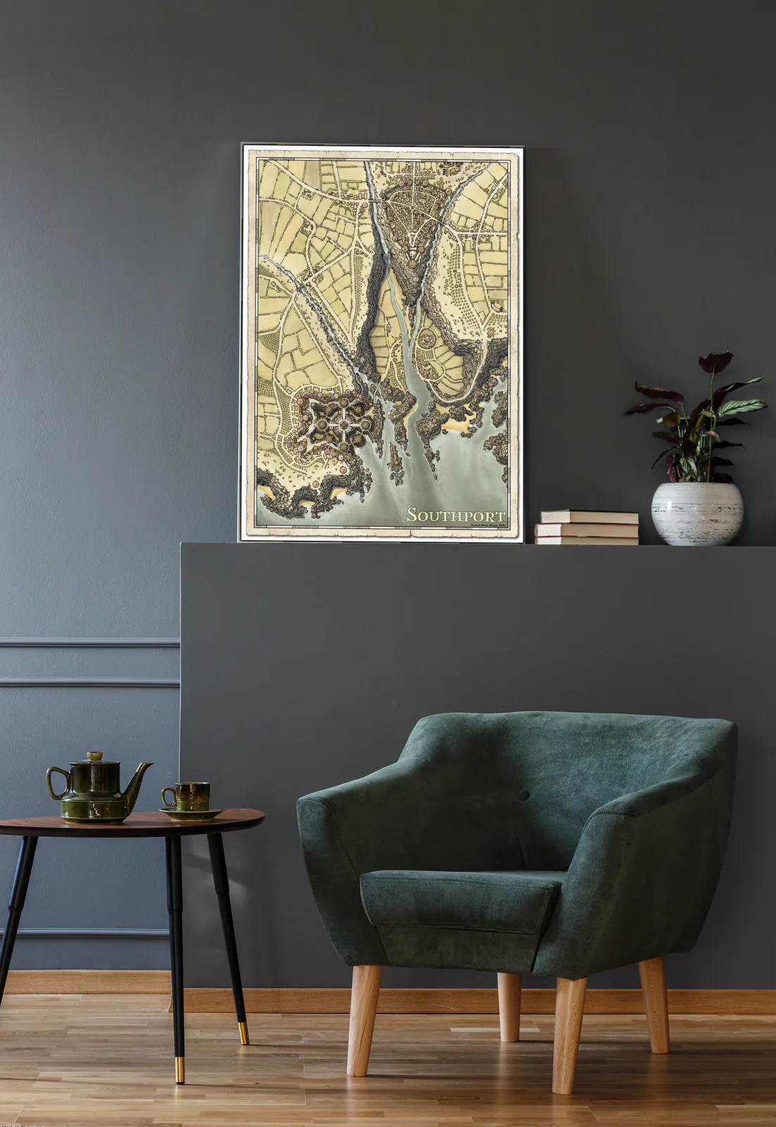 Overhead view of Southport coastal city map and bridges