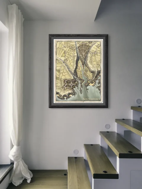 Illustrated harbor city divided by ravines and waterways