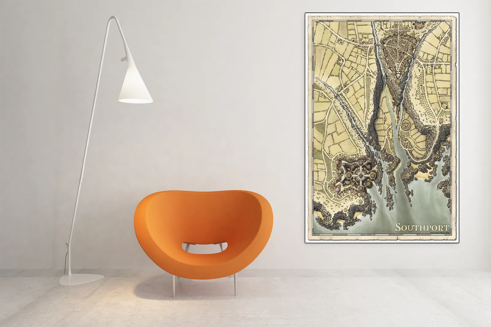 Top-down fortified port with roads and surrounding fields