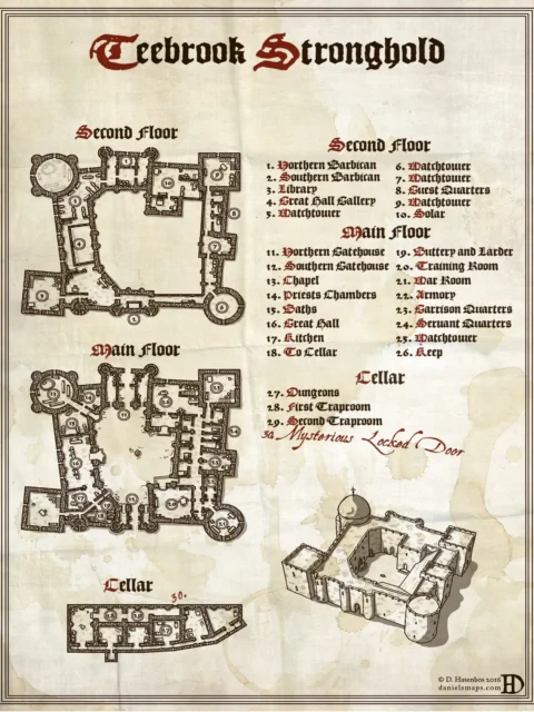 Fantasy stronghold map showing Teebrook castle floor plans