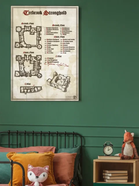 Top-down castle map with towers halls and defensive walls