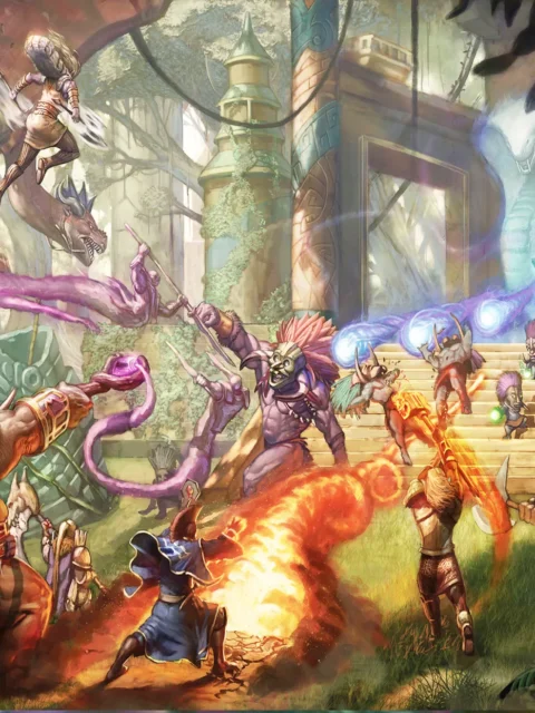 Temple Entrance Fight fantasy artwork showing heroes battling foes