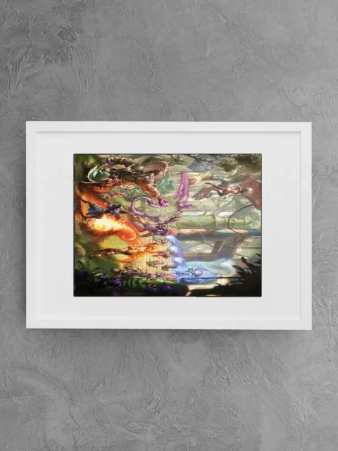 Temple Entrance Fight fantasy artwork with spells and weapons clashing