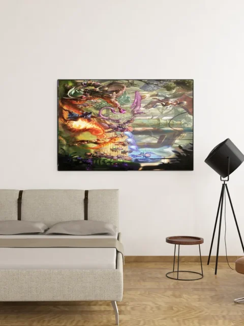 Crowded fantasy battle scene with magic effects