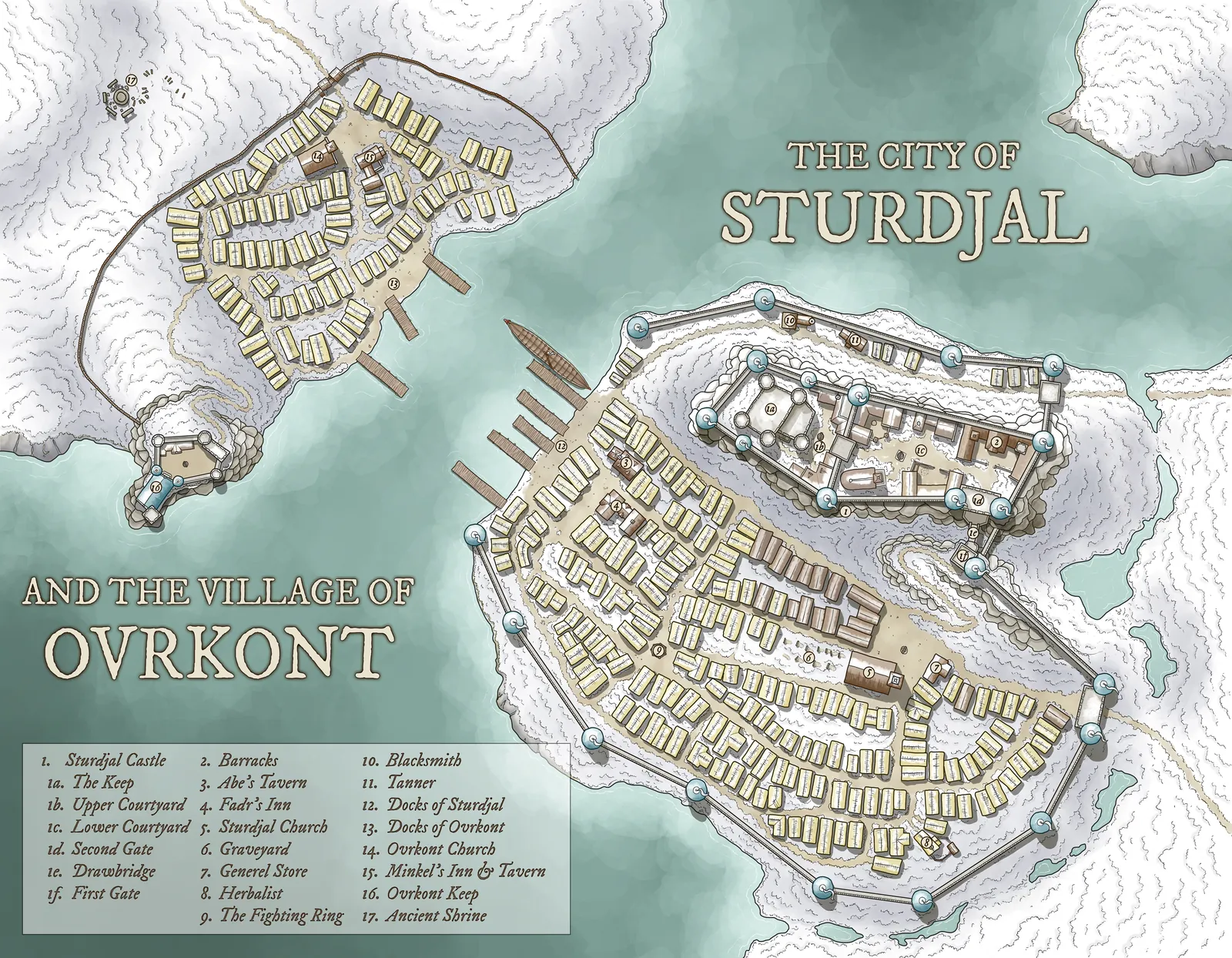 Detailed fantasy city layout with village and waterfront