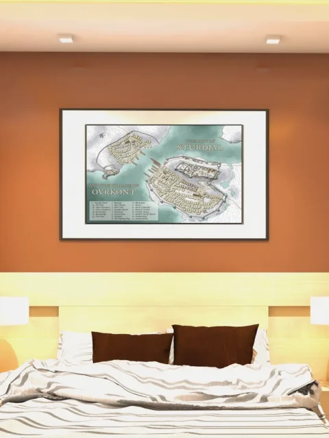 Fantasy city map of Sturdjal with walls docks and streets