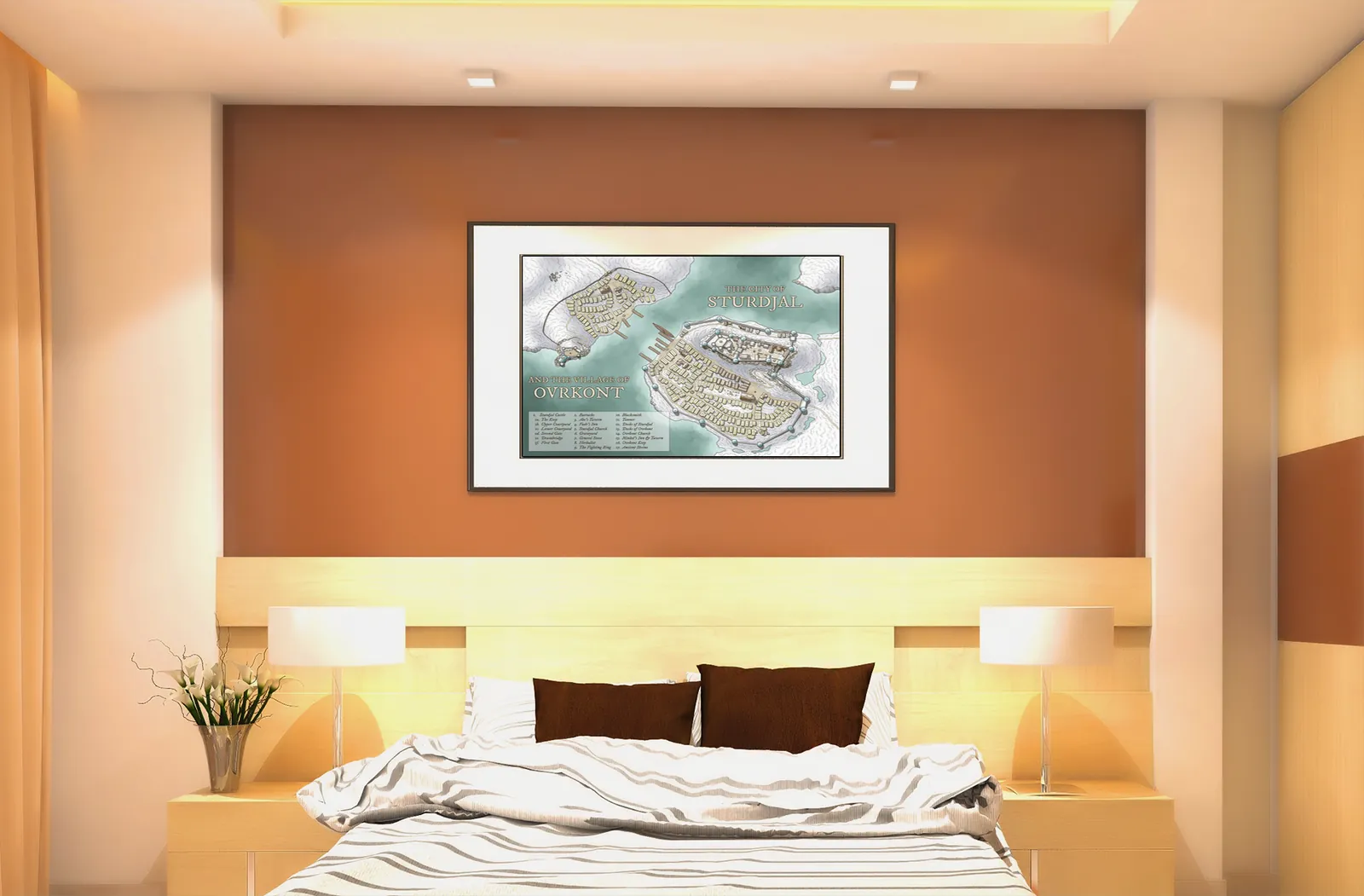 Fantasy city map of Sturdjal with walls docks and streets