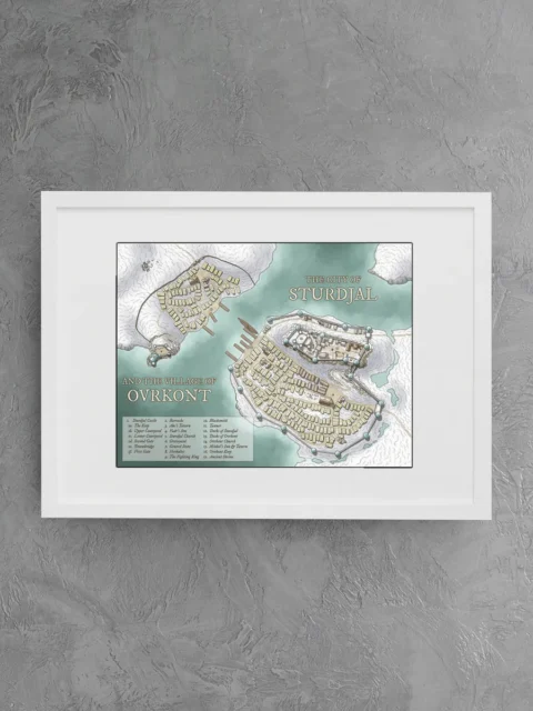 Top-down coastal city map showing Sturdjal and Ovrkont