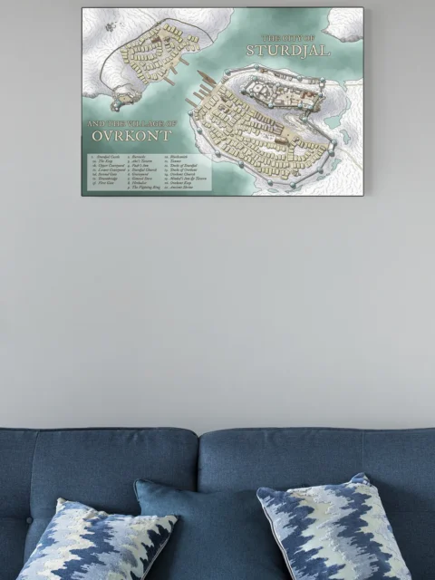 Urban fantasy map featuring a fortified harbor city