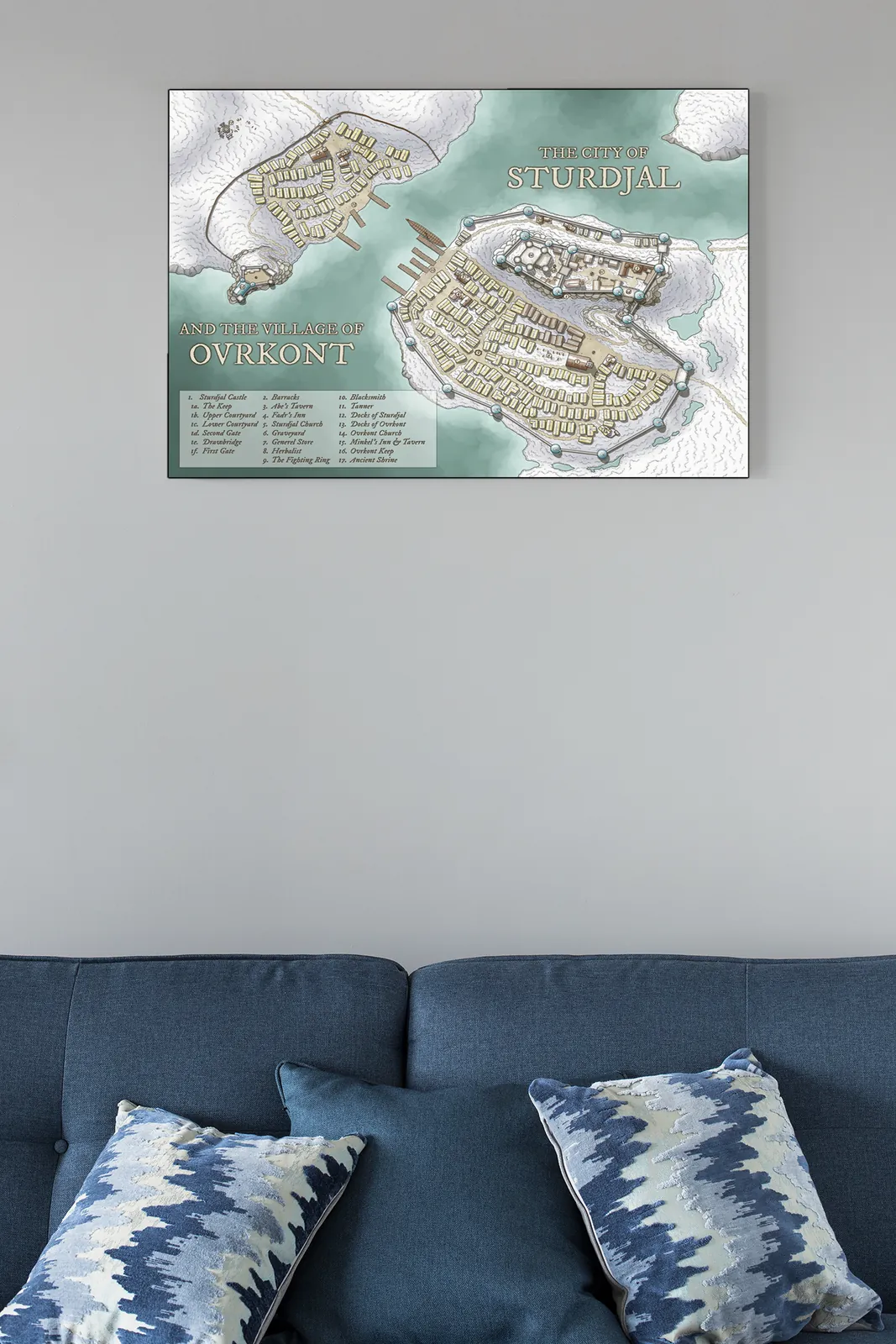 Urban fantasy map featuring a fortified harbor city