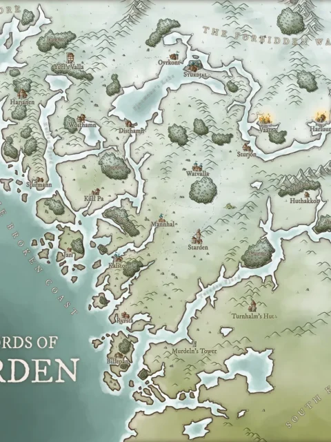 Fantasy regional map of Knurden with fjords and coastal inlets