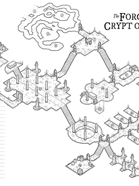 Top-down dungeon layout featuring burial chambers and halls
