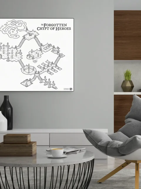 Line-art fantasy dungeon with statues, crypts, and stairways