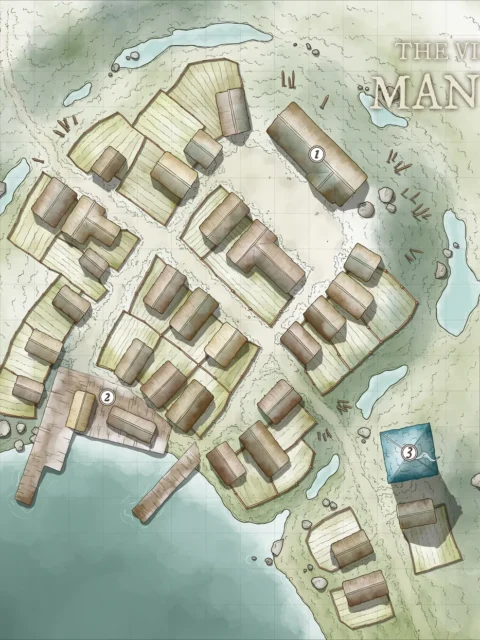 Fantasy coastal village map with docks and longhouses