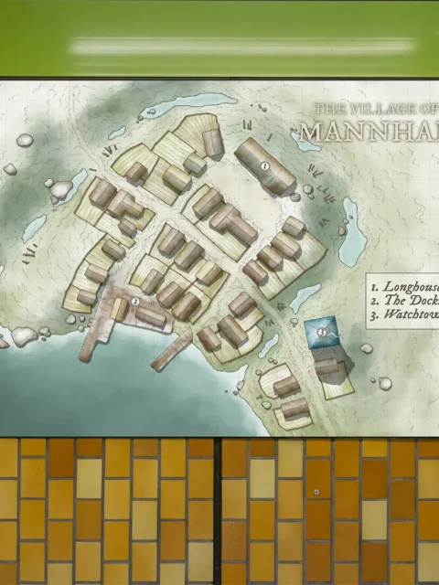 Village map showing paths, homes, and waterfront access