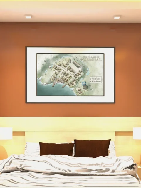 Coastal town fantasy map with clustered buildings