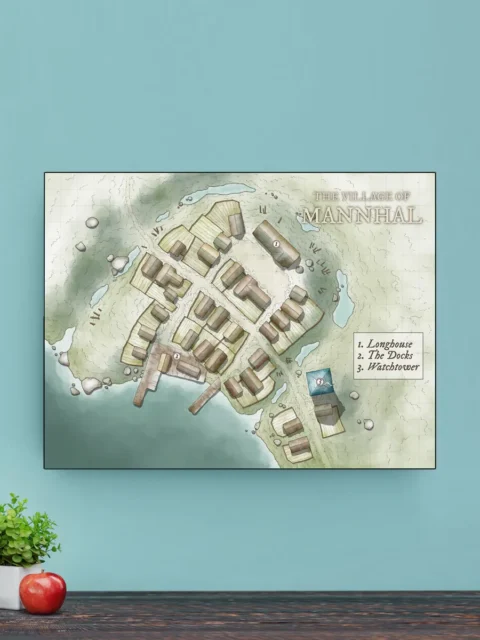 Top-down village layout along a shoreline