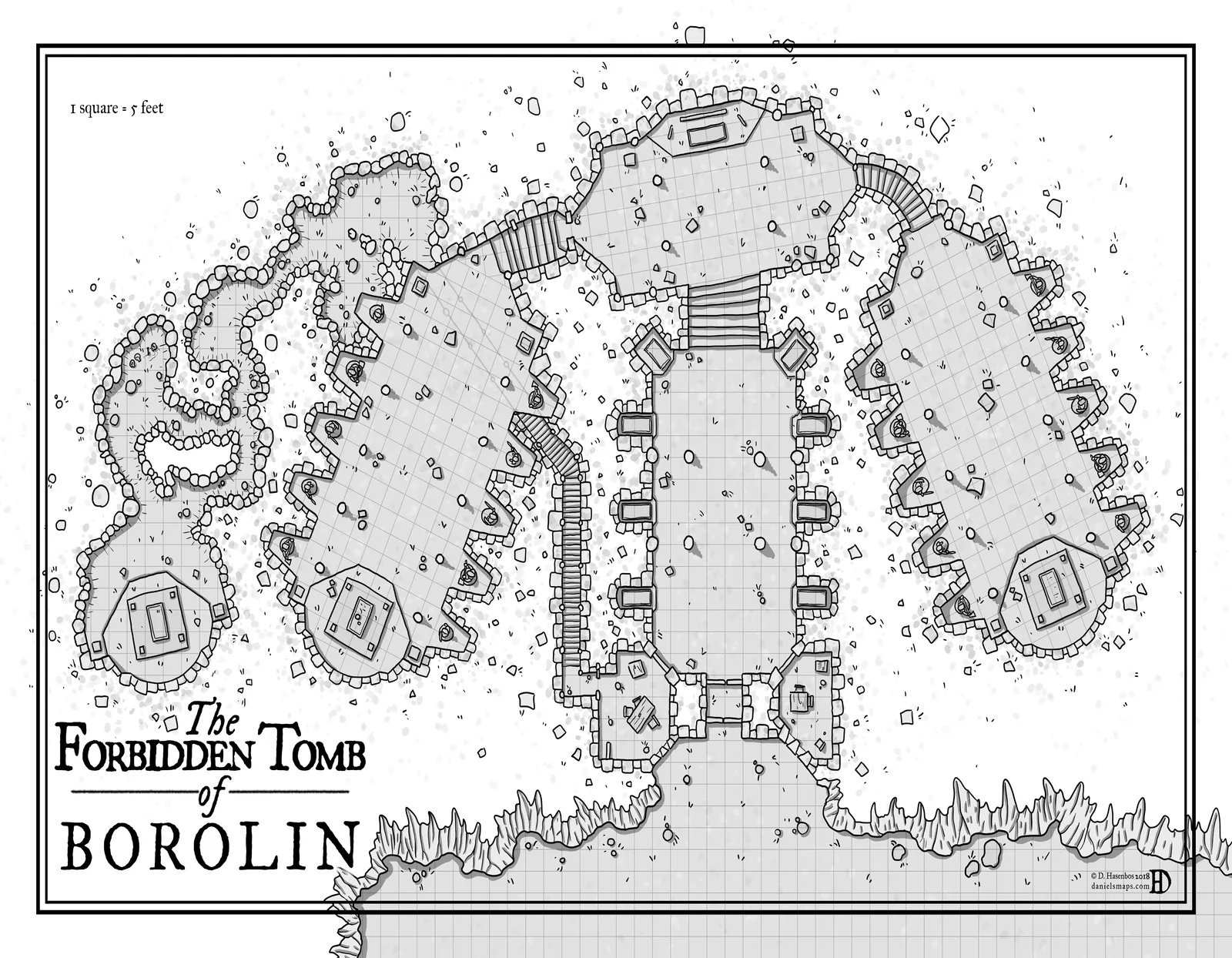 Ancient underground tomb map with stone chambers and tunnels