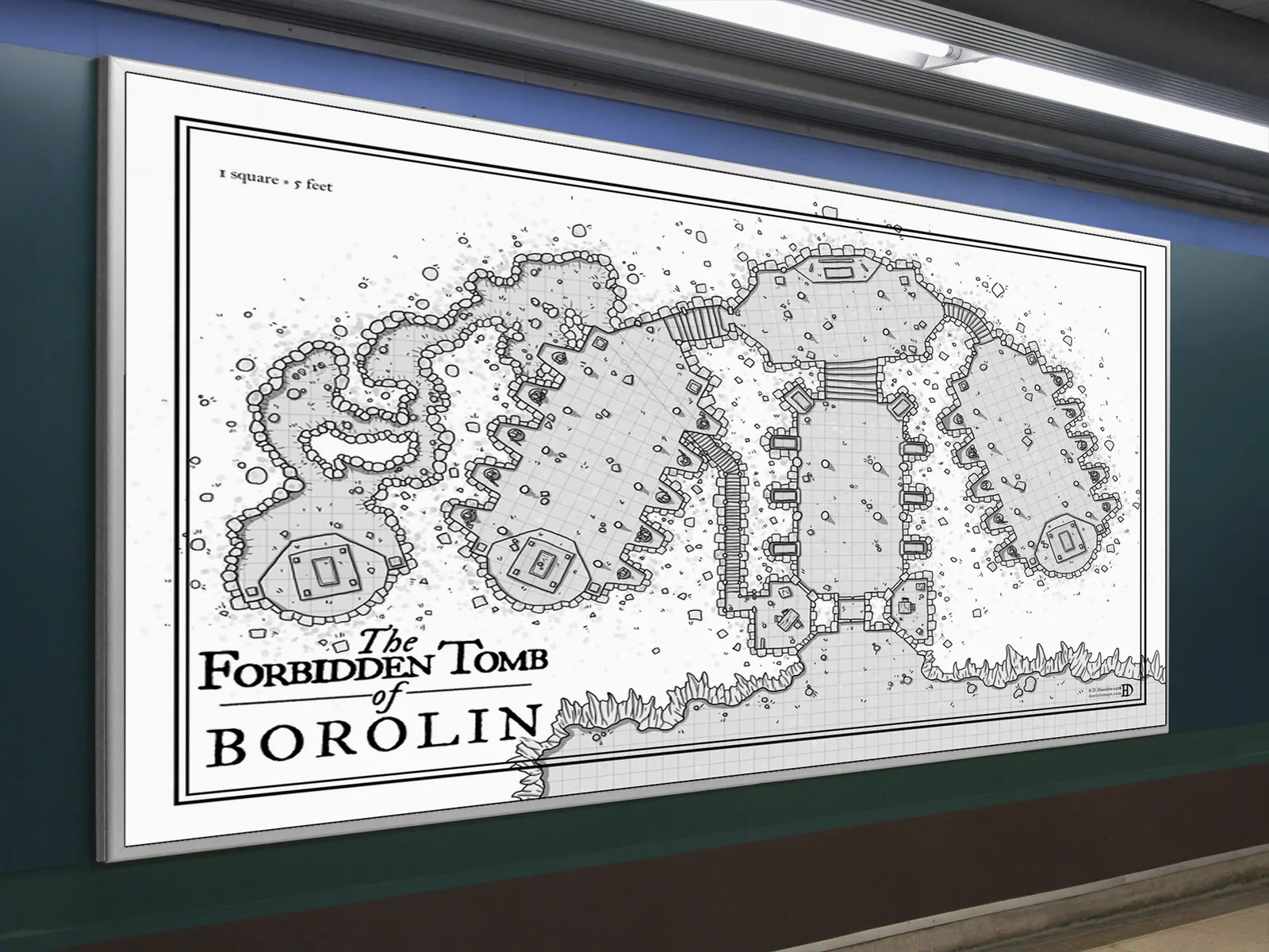 Subterranean ruin layout with grid-based dungeon chambers