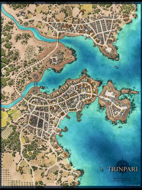 Trinpari harbor city map showing docks and shoreline