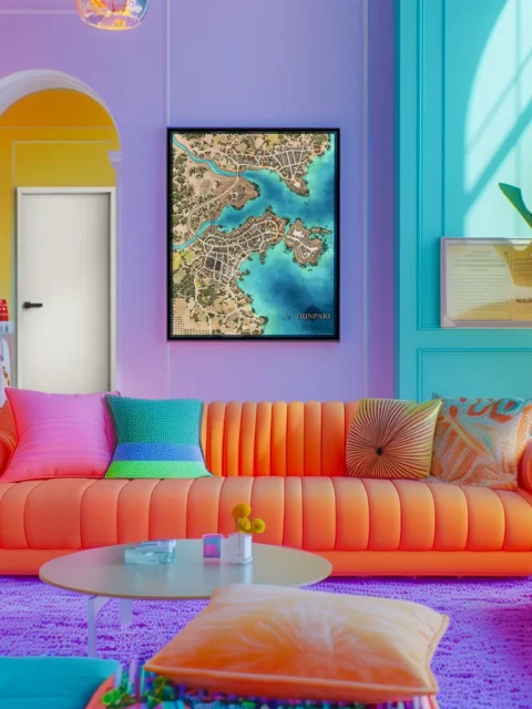 Overhead view of Trinpari harbor city map and islands