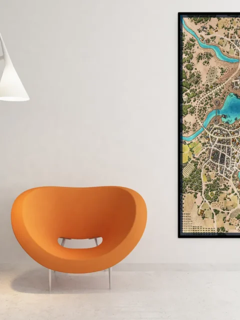 Illustrated coastal settlement with roads and piers