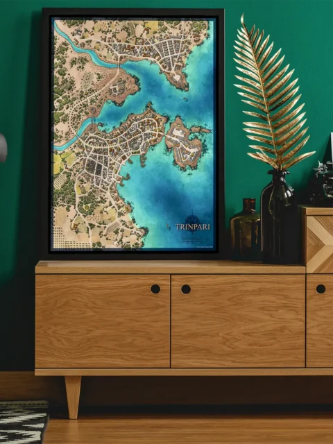 Top-down port city arranged around protected waters