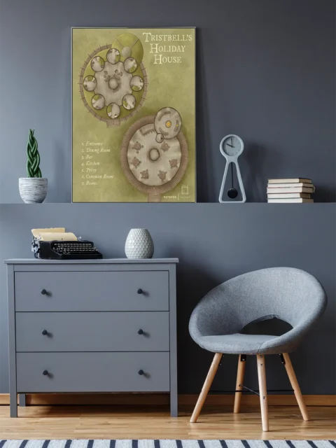 Round house floor plan with private rooms and shared spaces