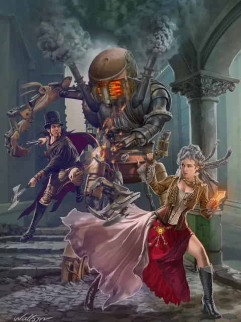 Fantasy illustration of heroes fighting steam-powered construct