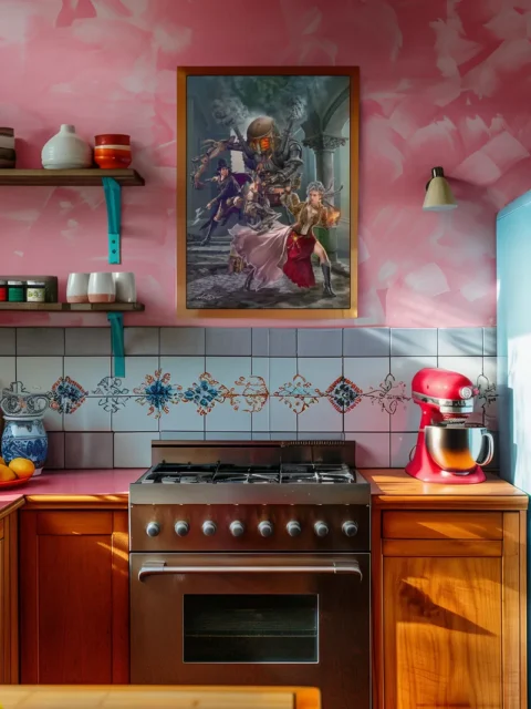 Steampunk fantasy artwork with mechanical giant and adventurers