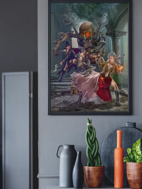 Text-free fantasy scene featuring automaton battle