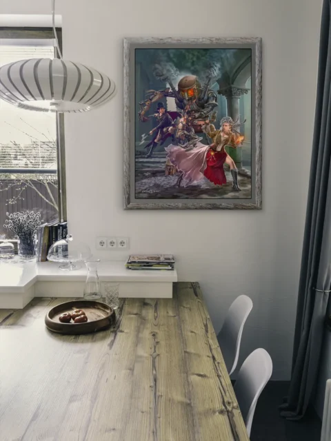 Industrial fantasy illustration with heroes in motion