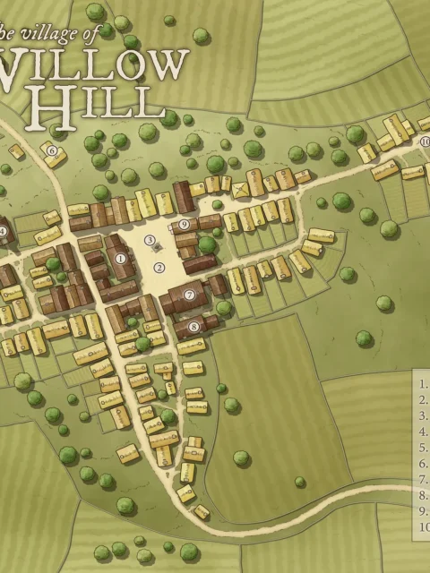 Village map of Willow Hill showing roads, homes, and farmland