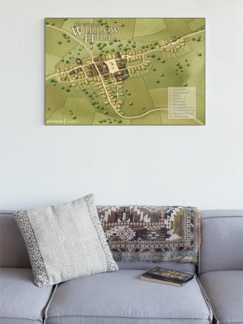 Illustrated village map designed for roleplay and exploration