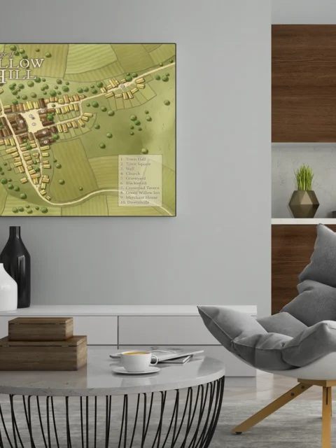 Top-down village illustration featuring a town square and inns