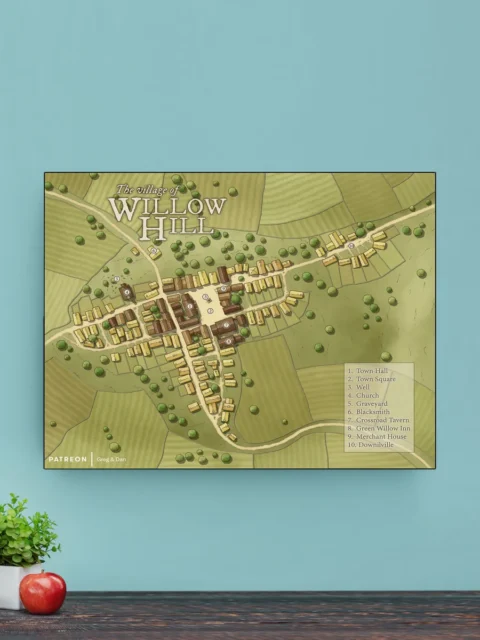 Rural fantasy village layout with labeled buildings and fields