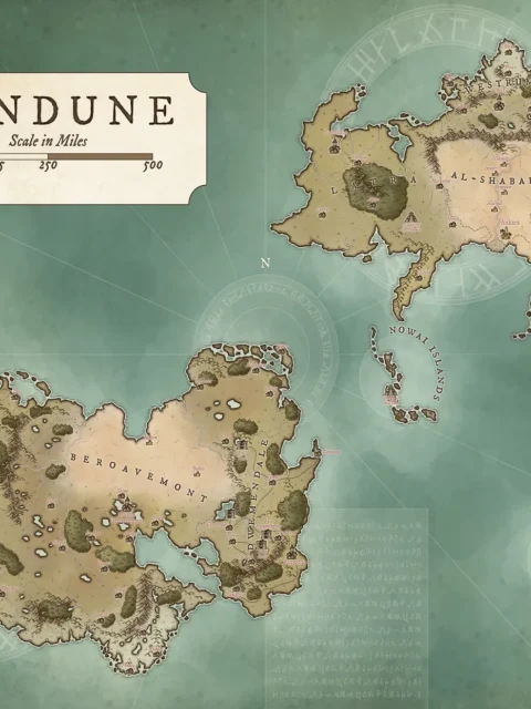 World map of Windune showing continents and island chains