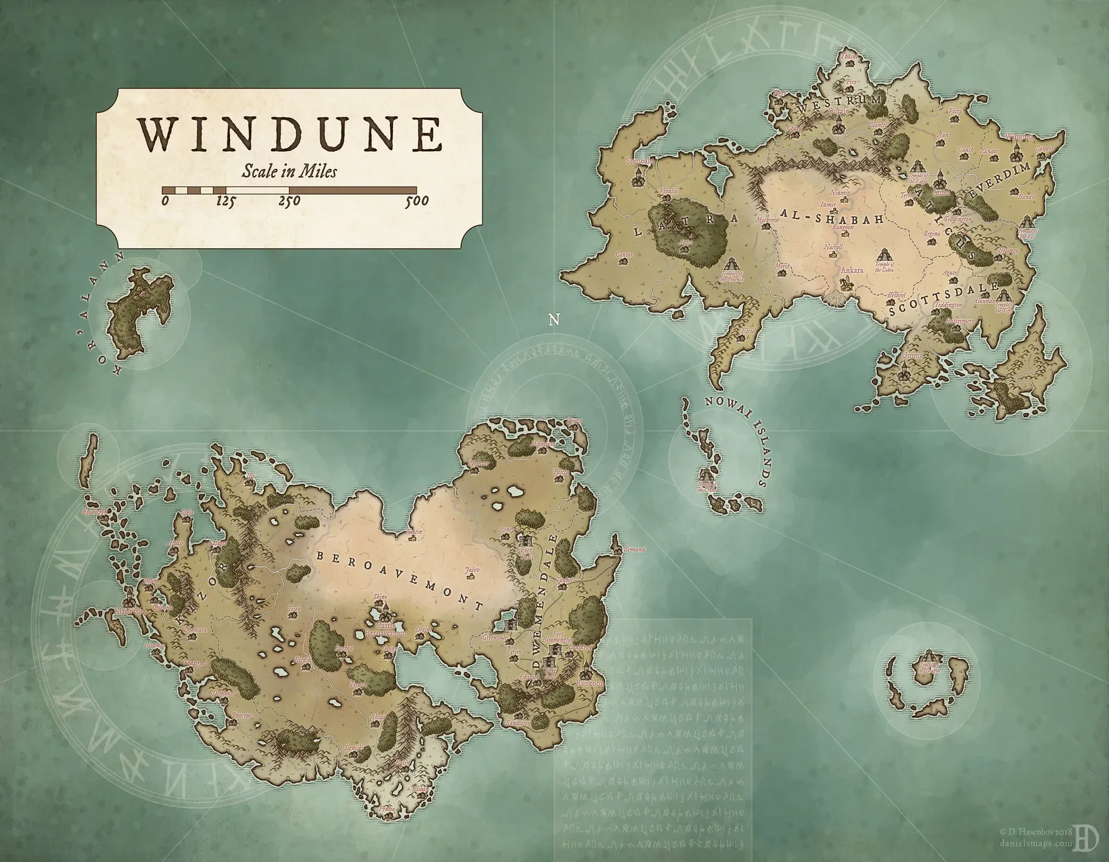 World map of Windune showing continents and island chains