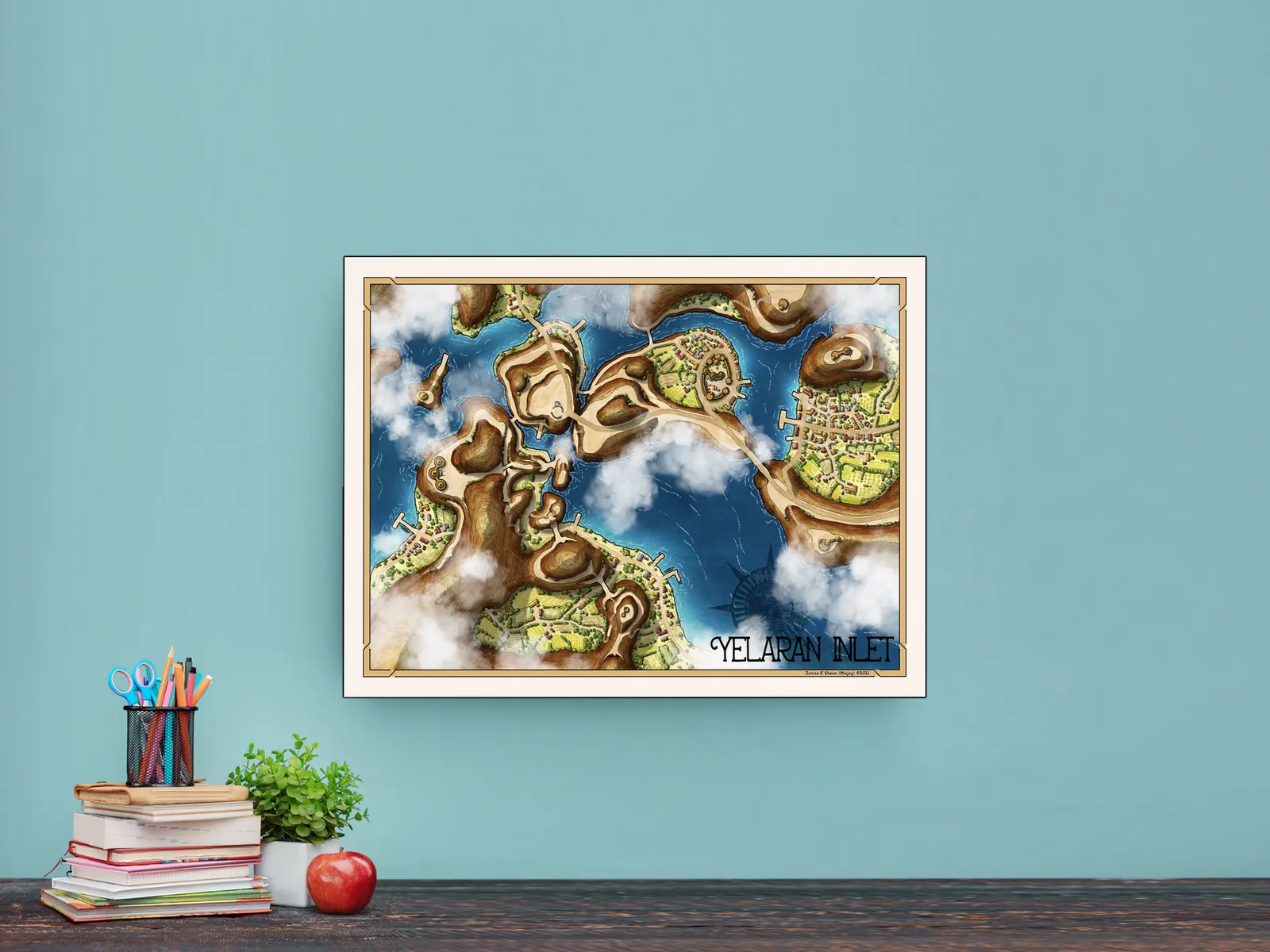 Illustrated inlet landscape with islands and shorelines