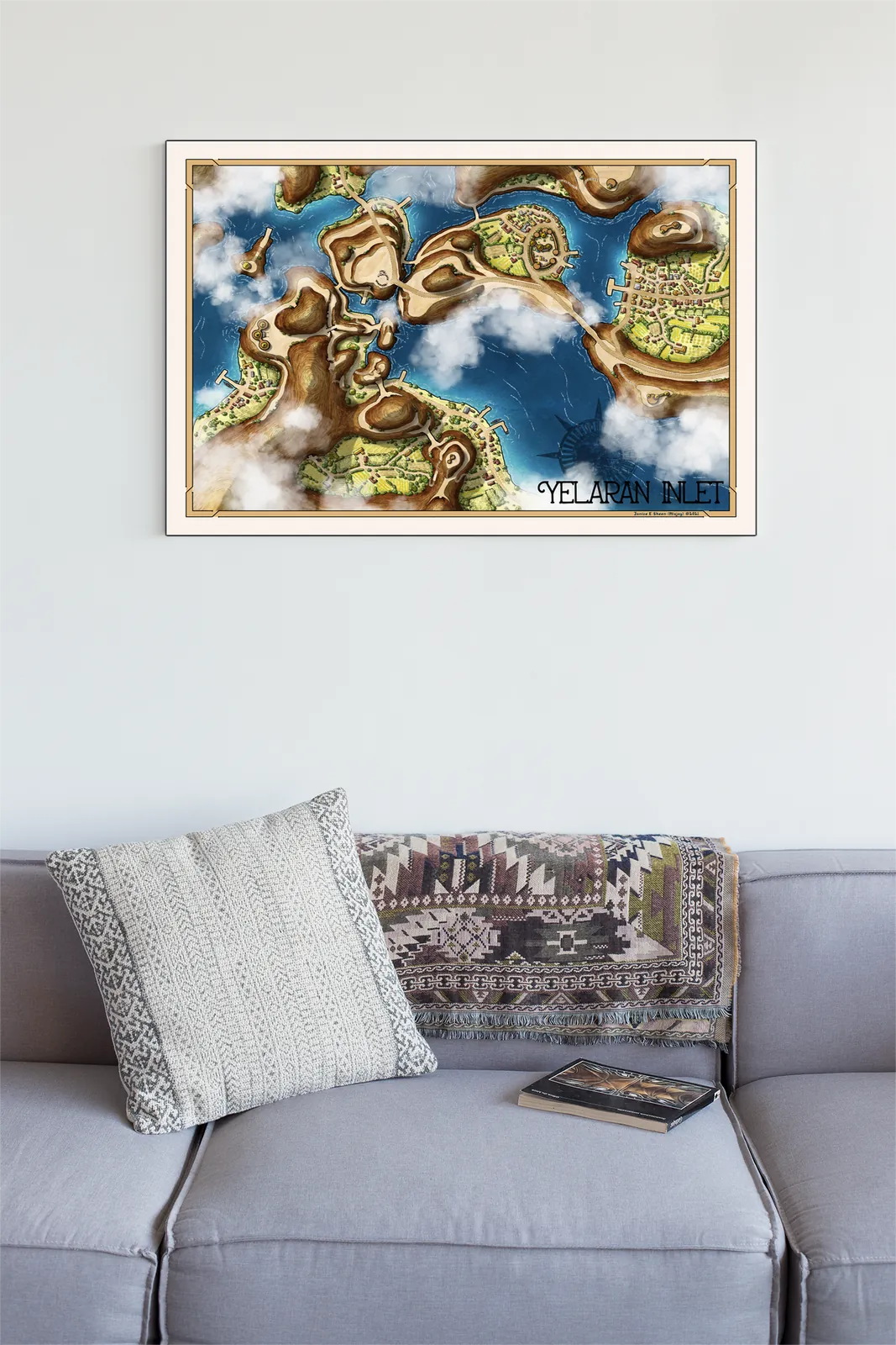 Top-down fantasy coastline with bays and crossings